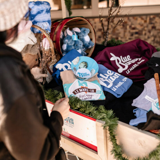 A market cart full of blue bunny memorabilia